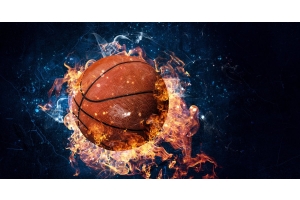 A traditional basketball has yellow and blue flames surrounding it. A black background makes the basketball pop.