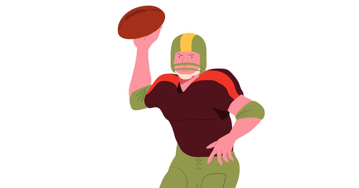 An illustration of a vintage football quarterback in a brown top and green pants, making a pass against a white background.
